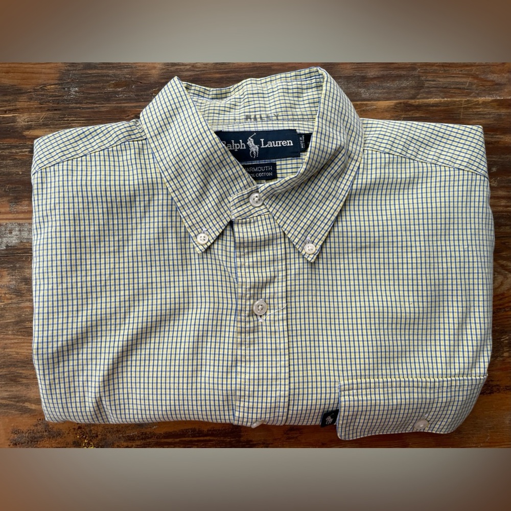 Ralph Lauren Men's Micro Plaid Yarmouth Button Down Shirt Yellow Blue XL